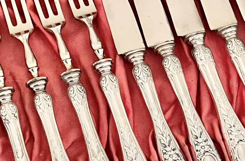 French Belle Époque silver fruit knives & fork set for six guests
