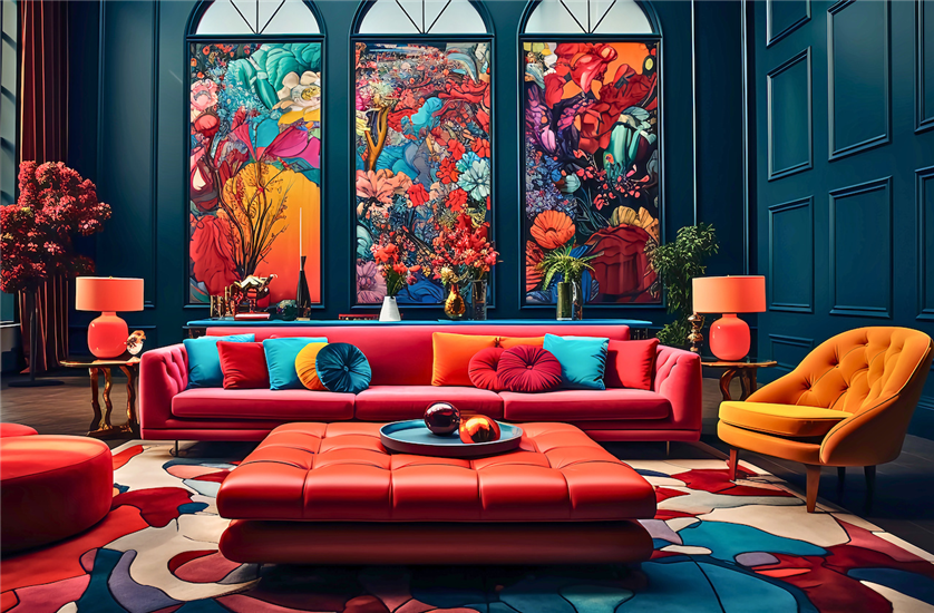 Maximalism interior design style - a living room decorated with vibrant colours and patterns 