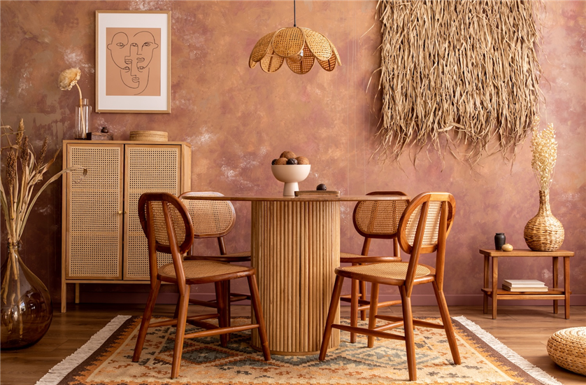 Dining table with rattan chairs and a rattan cabinet in the background. 